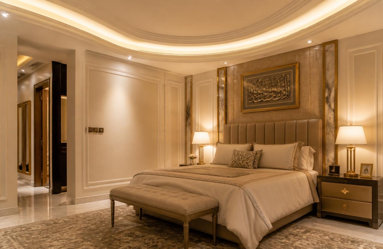 Curved classic gypsum board bedroom ceiling with hidden cove lighting