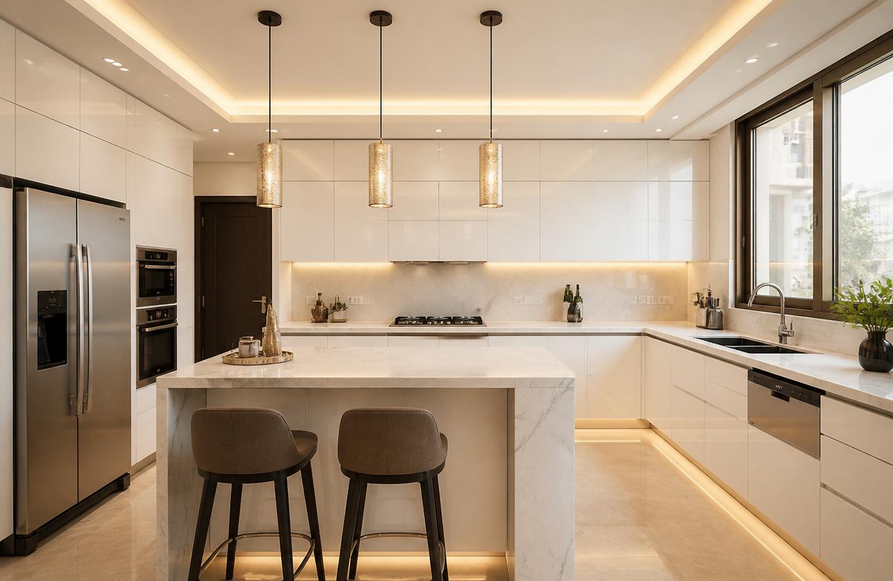 U-Shape glossy white 2026 kitchen with Calacatta marble island
